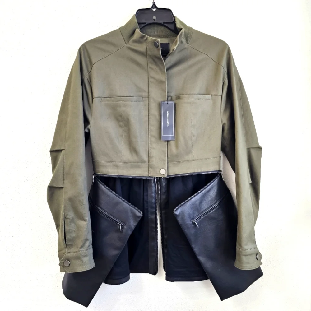 BCBGMAXAZRIA Military Jacket Faux-Leather-Peplum Olive Drab  Size XS